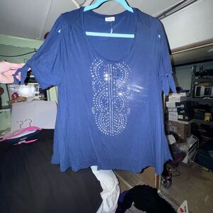 Blue Women's Embellished Scoop Neck Top